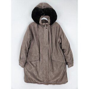Worthington Coat Women Large Tan Brown Down Parka Faux Micro Suede Hooded Winter